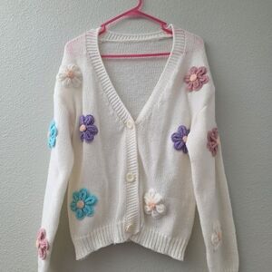 Floral Embellished White Cardigan Sweater